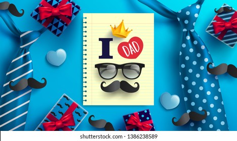 Feliz Día del Padre con corbata, gafas y caja de regalo para papá en azul.Promoción y plantilla de compras para el Día del Padre.Ilustración vectorial EPS10