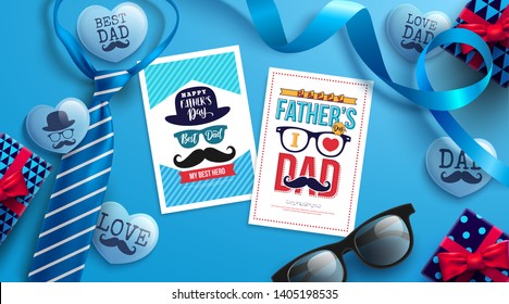 Happy Father's Day Card on blue background with cute blue heart by text inside and gift box for dad concept.Promotion and shopping template for Father's Day.Vector illustration EPS10