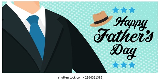 Happy fathers day card on tie and black suit. Vector image