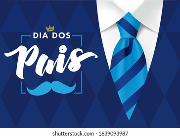 Happy Father's Day card in portuguese words - Dia Dos Pais, with blue striped necktie. Promotion and shopping template for Fathers Day for dad on blue background. Vector illustration