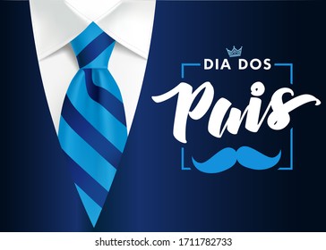 Happy Father's Day card in portuguese words - Dia Dos Pais, with blue striped necktie. Promotion and shopping template for Fathers Day for dad on blue suit background. Vector illustration