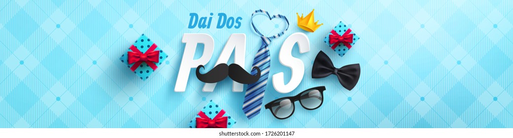 Happy Father's Day card in portuguese words with necktie and glasses for dad on blue.Promotion and shopping template for Father's Day.Vector illustration EPS10