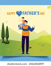 Tarjeta del Día del Padre, cartel, Plantilla o Anuncio. Papá sosteniendo a su hijo y Vector dibujado a mano ilustración. Inscripción - El mejor papá de todos. Concepto aislado con fondo floral.