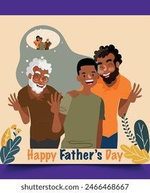 Tarjeta del Día del Padre, cartel, Plantilla o Anuncio. Papá sosteniendo a su hijo y a su padre. Vector plano dibujado a mano ilustración. Inscripción - El mejor papá de todos. Concepto aislado con fondo plano.