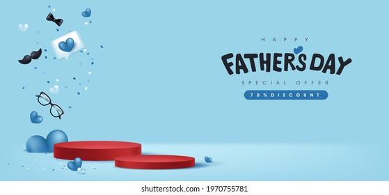 Happy Father's Day card with with product display cylindrical shape and gift box for dad on blue background