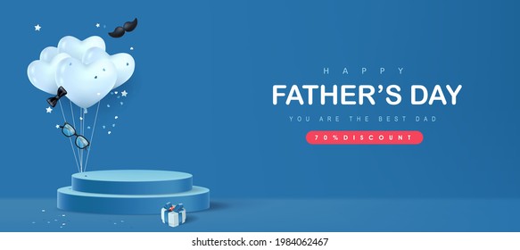 Happy Father's Day card with product display cylindrical shape and gift box for dad on blue background