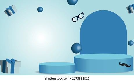 Happy Father's Day card with product display cylindrical shape and gift box for father on blue background.