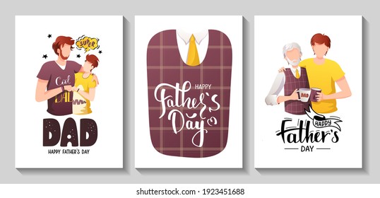 Happy Father's Day card set. Dads of different ages with their sons. Calligraphy and hand drawn lettering. A4 vector illustration for card, postcard, poster, banner.