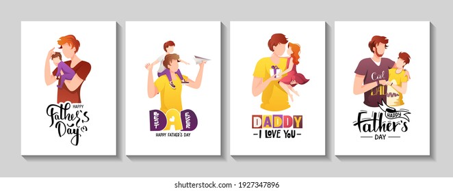Happy Father's Day card set. Dads with their children of different ages. Calligraphy and hand drawn lettering. A4 vector illustration for card, postcard, poster, banner.