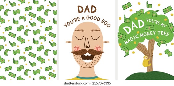 Happy Fathers Day Card Set. Funny Postcard For Dad Day Template Collection. Smiling Father Face. Funny Phrases For Daddy. Fathers Portrait. Father Day Concept. Vector Illustration. Bank Of Dad.