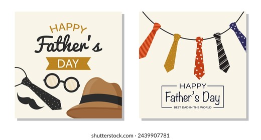 Happy Father's Day card set with hat, glasses, and multicolor neckties.