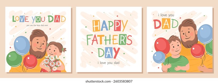 Happy Fathers Day card set. Vector cute illustration of dad with children. Drawings Father's Day with holiday wishes for postcards, posters,  banner.