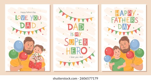 Happy Fathers Day card set. Vector cute illustration of dad with children. Drawings Father's Day with holiday wishes for postcards, posters,  banner.