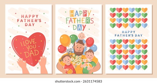 Happy Fathers Day card set. Vector cute illustration of dad with children. Drawings Father's Day with holiday wishes for postcards, posters,  banner.