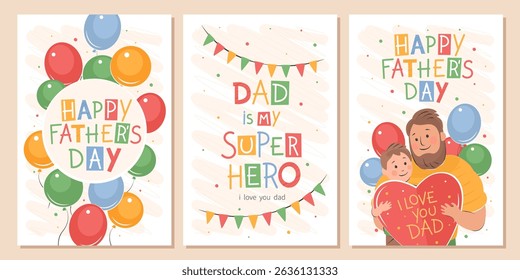 Happy Fathers Day card set. Vector cute illustration of dad with children. Drawings Father's Day with holiday wishes for postcards, posters,  banner.