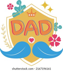Happy Father's Day Card Shield Mustache Flat Icon Vector Symbol Sticker Illustration Design
