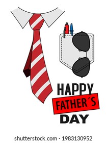 Tarjeta feliz Día del Padre. Camisa, corbata y bolsillo con gafas de sol y plumas. Ilustración vectorial.