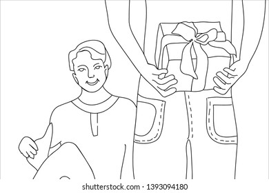 Happy Father's Day Card. Son gives a gift to his dad. Lone Drawing style.