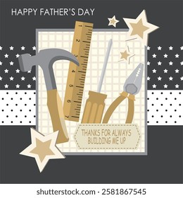 Happy father's day card with tools and stars