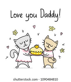 Happy Father`s Day card with two kids and cake. Vector flat funny animal cartoon illustration