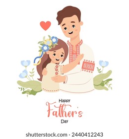 Tarjeta del Día del Padre. Hombre ucraniano e hija con corona floral con cintas amarillo-azules en ropa tradicional, camisa bordada. Ilustración vectorial. Familia festiva de carácter nacional.