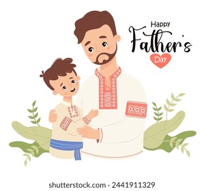 Happy Father's Day card. Ukrainian bearded man dad with son in traditional embroidered clothes, vyshyvanka on white background. Festive nation character family. Vector illustration.