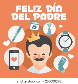 Tarjeta feliz del día de los padres. Conjunto de elementos vectoriales. Papá con bigote. Escrito en español