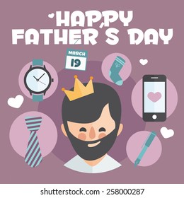 Happy Fathers day card. Vector Element Set. Dad with beard.