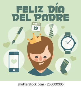 Happy Fathers day card. Vector Element Set. Dad with beard. Written in Spanish