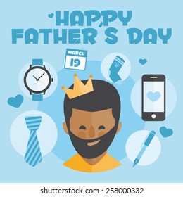 Happy Fathers day card. Vector Element Set. Black daddy with beard. 