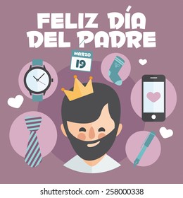 Happy Fathers day card. Vector Element Set. Dad with beard. Written in Spanish