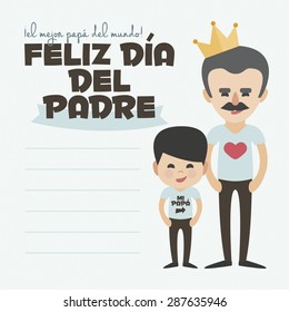 Happy Fathers day card. Vector Element Set. Dad with mustache and son. Written in Spanish