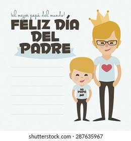 Happy Fathers day card. Vector Element Set. Dad blond with glasses and son. Written in Spanish