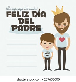 Happy Fathers day card. Vector Element Set. Dad with beard and son. Written in Spanish