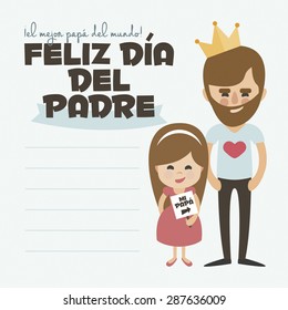 Happy Fathers day card. Vector Element Set. Dad with beard and daughter. Written in Spanish
