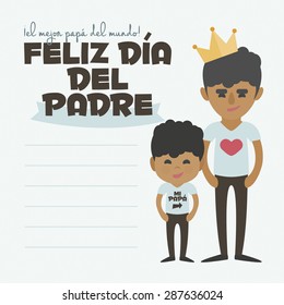 Happy Fathers day card. Vector Element Set. Black Dad and son. Written in Spanish