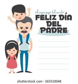 Happy Fathers day card. Vector Element Set. Dad with mustache and children. Written in Spanish