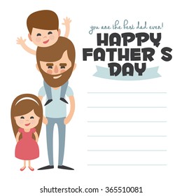 Happy Fathers day card. Vector Element Set. Dad with beard and children.