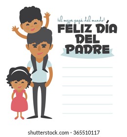 Happy Fathers day card. Vector Element Set. Black Dad and children. Written in Spanish