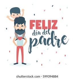 Happy Fathers day card. Vector Element Set Isolated. Dad with Beard and son. Written in Spanish