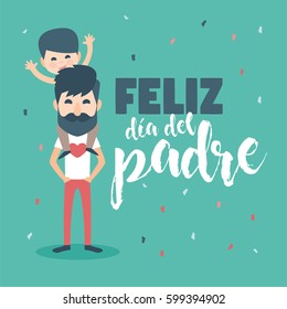 Happy Fathers day card. Vector Element Set with background green. Dad with Beard and son. Written in Spanish