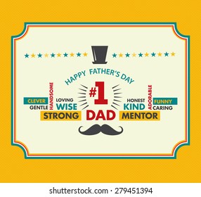 Happy fathers day card vintage retro with  word cloud. Vector template certificate 