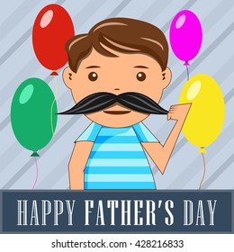 Happy fathers day card vintage retro type, son keeps mustache hand symbolizing daddy. vector clip art illustrations.