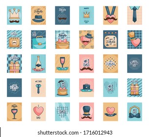 Happy fathers day cards icon set over white background, colorful design, vector illustration