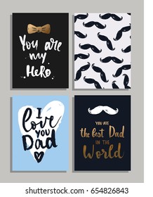 Happy Father's Day cards and labels set. You are my hero. I love you dad. Best dad in the world poster design, hand drawn lettering.  Vector set of greeting cards for Father's day.