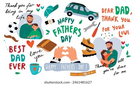 Happy Father's Day cartoon collection with hand written, dad with child, car, cap, book, soccer ball, wristwatch, belt, cup, mustache,boots.Vector objects set for use in card,banner template,stickers.