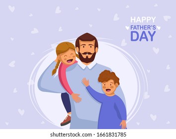 Happy Father's Day. Cartoon family characters. Dad and his children celebrate Father's Day. Lettering Happy Father's Day