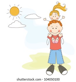 Happy Father's Day ,  cartoon illustration with Dad  and daughter
