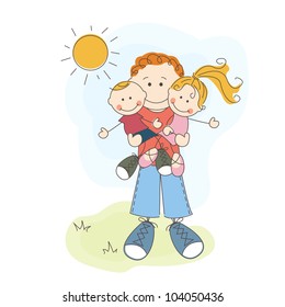 Happy Father's Day ,  cartoon illustration with Dad , son  and daughter