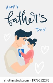 Happy Father's Day! Cartoon illustration with dad and daughter with hearts. Cute holidays banner. The child is in the arms of the father. Daughter gives dad a gift.